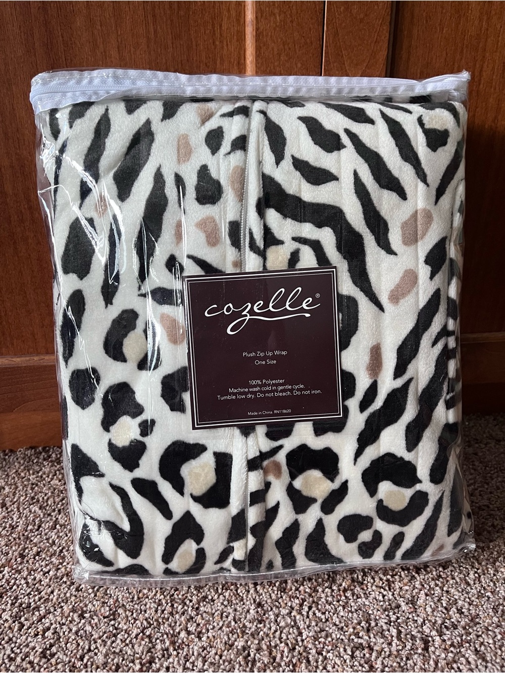 Plush‎ Zip-Up Wrap - Black, White & Tan Animal Print